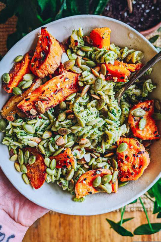 Chickpea Pasta with Pumpkin Seed Pesto and Garlic-Roasted Sweet Potatoes