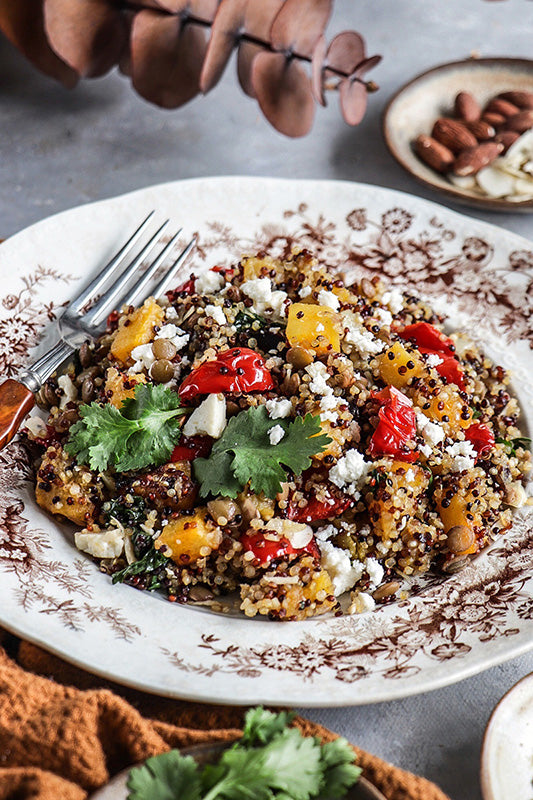 Moroccan style quinoa casserole with lentils and butternut squash