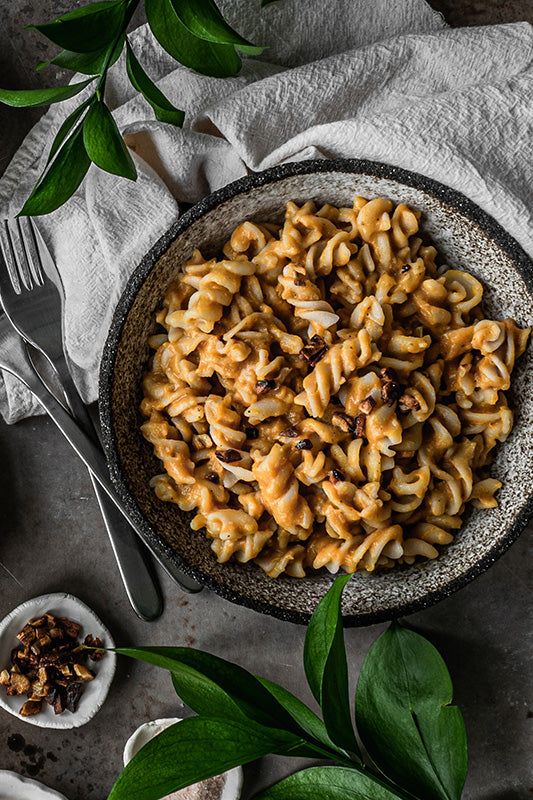 Creamy Sweet Potato Pasta with Butter Garlic Bok Choy
