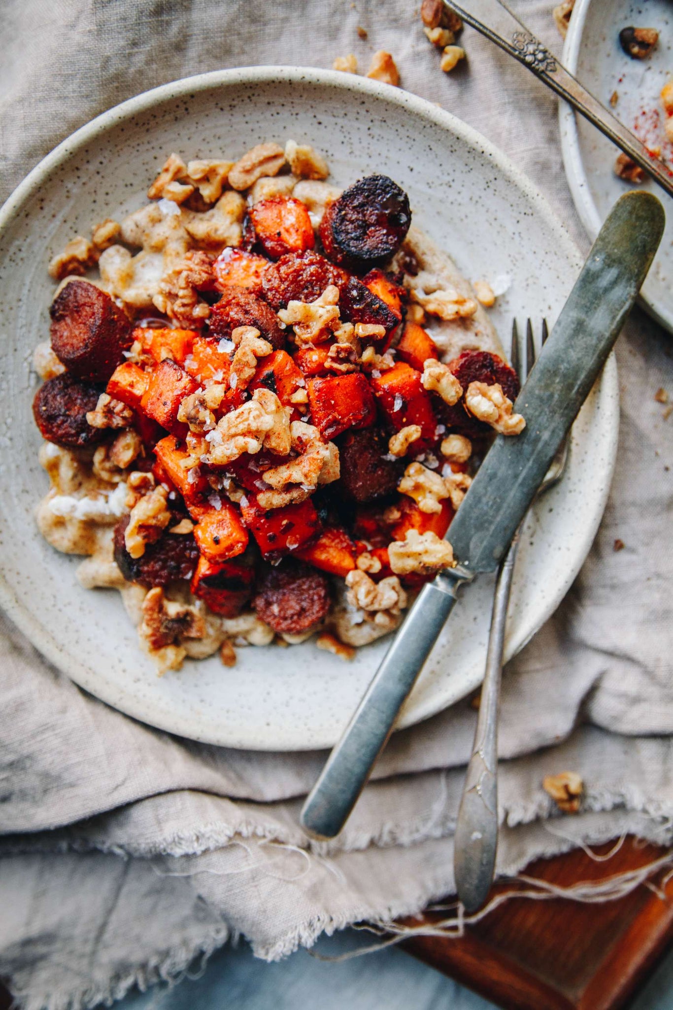 Savoury Waffles with Sweet Potato, Sausage, and Walnuts