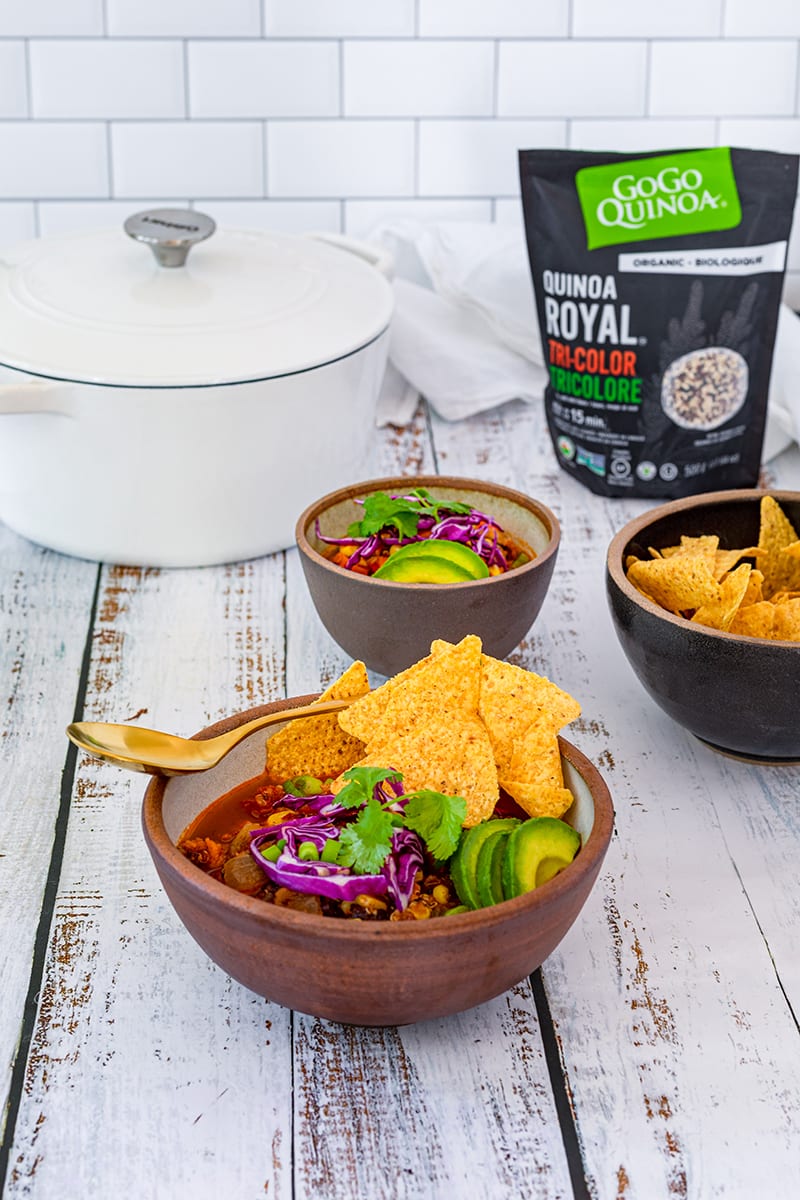 Tricolor Quinoa Chili with Sweet Potatoes and Black Beans