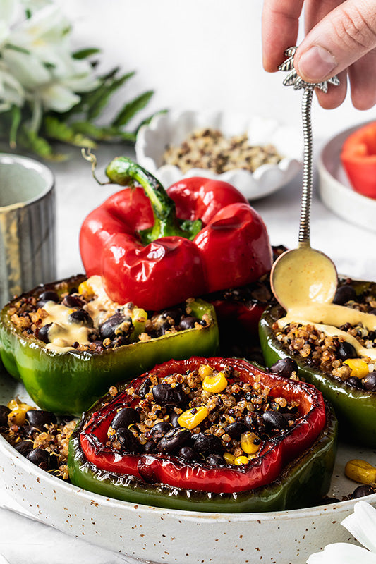 Grilled quinoa stuffed Peppers with Chilli Mango Dressing