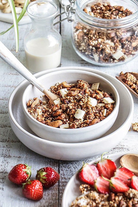 Quinoa, buckwheat and white chocolate granola